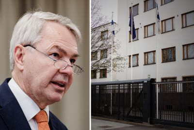 Bildcollage, Pekka Haavisto till vänster och till höger Finlands ambassad, ett kontorshus omgivet av stålstängsel.