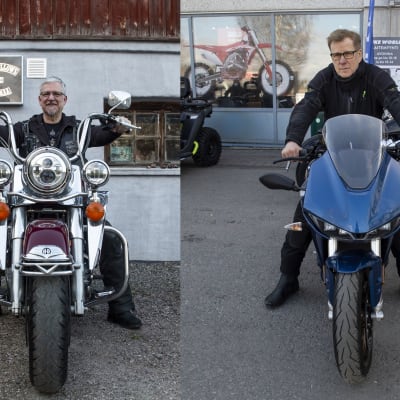 Tomi Ahto Harley Davidson -moottoripyöränsä kanssa ja Roger Lohman koeajamansa Zero -moottoripyörän kanssa. 