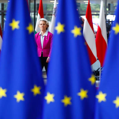 Ursula von der Leyen syns mellan flaggor från olika EU-länder, i förgrunden en rad EU-flaggor.