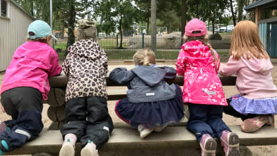 Fem barn ute på en bänk med ryggarna mot kameran.