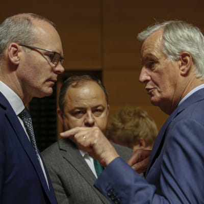 Irländska utrikeshandelsministern Simon Coveney diskuterade med chesförhandlaren Michel Barnier (t.v.) i Luxemburg igår. Brexitförhandlingarna fortsätter i dag. 
