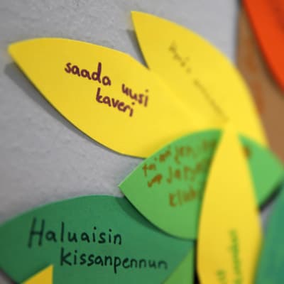 Mikkelin Rantakylän yhtenäiskoulun oppilaiden kirjoittamia toiveita koulunuorisotyötekijän järjestämässä toivepuussa.
