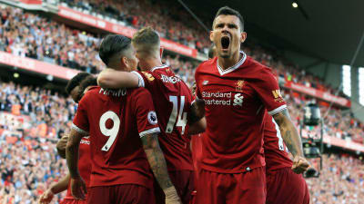 Dejan Lovren jublar över mål, Liverpool-Arsenal 2017.