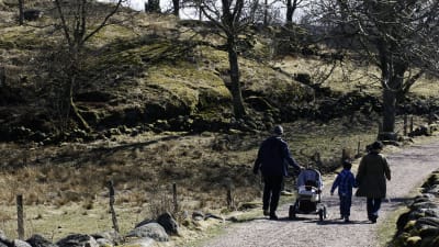 Två vuxna och två barn, ett i barnvagn, ute på promenad i naturen.