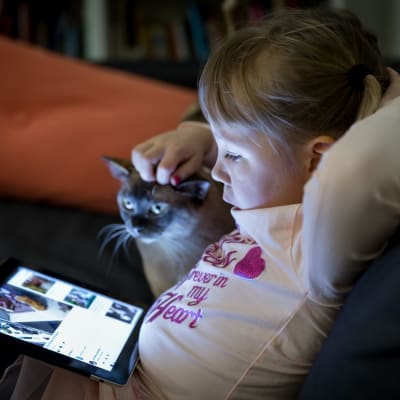 Lapsi ja kissa katselevat tabletti-laitetta.