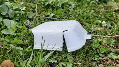 En lunchbox i plast som ligger slängd på en gräsmatta.
