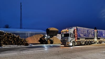 En hjullastare lastar en lastbil med flis.