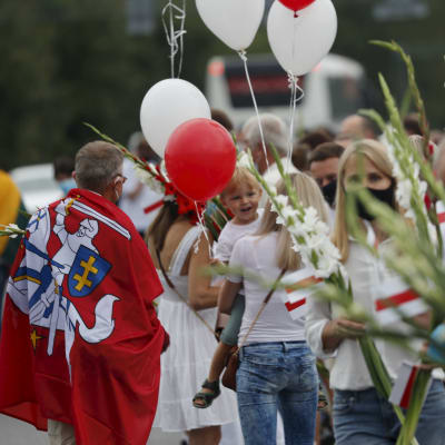 Människor ställde sig i en kedja från Vilnius till Belarus den 23 augusti för att stöda oppositionen i Belarus. Bilden tagen i byn Medininkai som ligger cirka 26 kilometer från Vilnius.