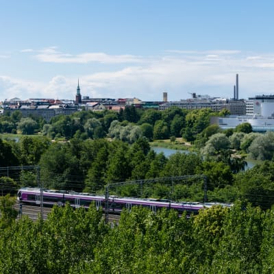 Juna ajaa kesäisessä Helsingissä.