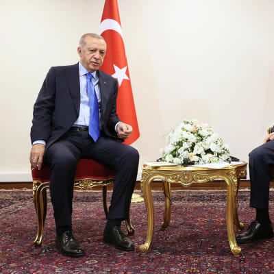Turkiets och Rysslands presidenter sitter vid ett bord förgyllt av guld, i bakgrunden Turkiets och RYsslands flaggor.