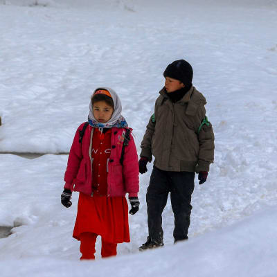 Afghanska barn leker i snön i Kabul