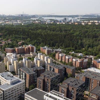 Länsi-Pasilan asuinrakennuksia ilmasta käsin.