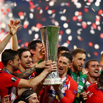 Atletico Madrid-spelarna firar segern i Europa League våren 2018.