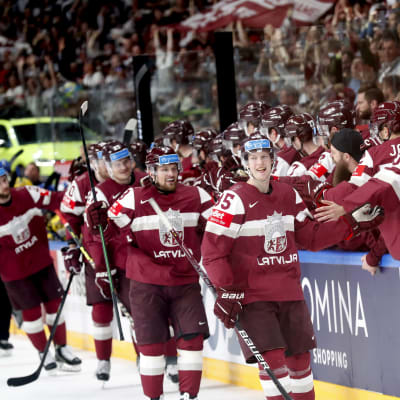Latvian joukkue tuulettaa maalia jääkiekon MM-kisoissa 2023.