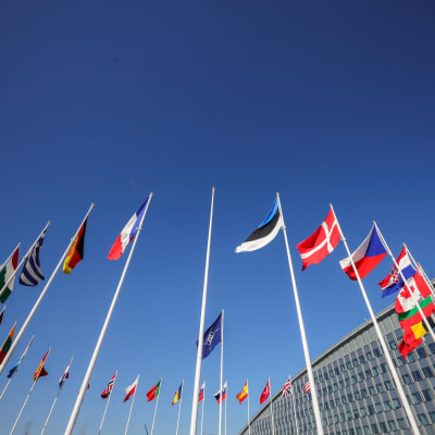 Liput liehuvat Naton päämajan ulkopuolella Brysselissä. Yksi lipputanko on tyhjä.