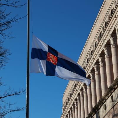 Suomen lippu puolitangossa eduskunnan edessä.
