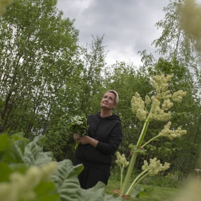 Koronapandemian takia työttömäksi joutunut Johanna Virta, seisoo puutarhassaan raparperinippu sylissään ja katsoo taivaalle.