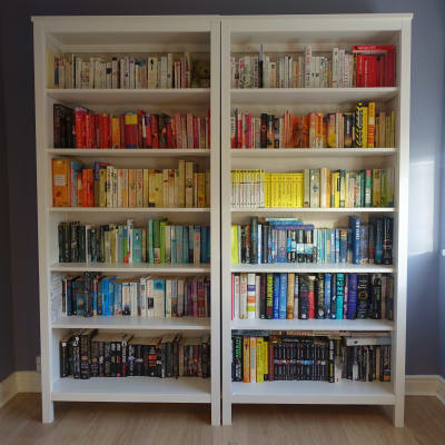 En bokhylla med böcker i färgordning.