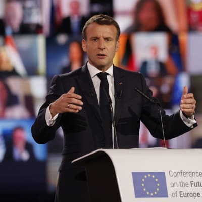 Ranskan presidentti Emmanuel Macron puhui Euroopan tulevaisuuskonferenssin avajaisissa Strasbourgissa.