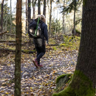 En kvinna vandrar längs en stig i skogen. 