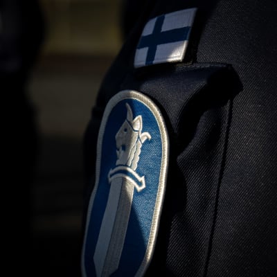 Närbild av en ärm på en polisuniform med emblem och flagga.