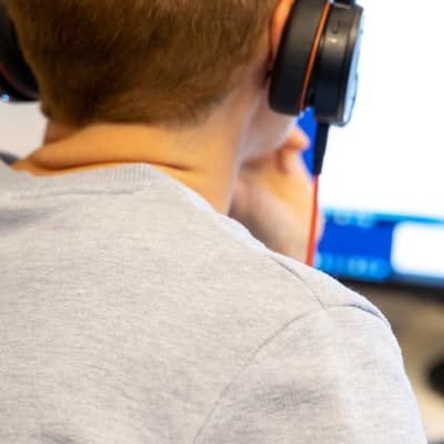 Ryggtavlan på en mansperson som sitter framför datorskärm och besvarar telefonsamtal.
