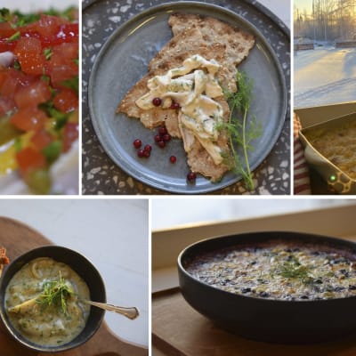 Ett bildcollage med olika fiskrätter.