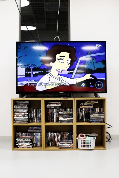 Hyllyn päällä oleva televisio. Hylly on täynnä dvd-koteloita. Televisiossa on meneillään The Simpsons -animaatiosarja, jossa ruskeahiuksinen nainen istuu autossa. Tekstityksessä lukee: "Suostu nyt, hän on pelimies."