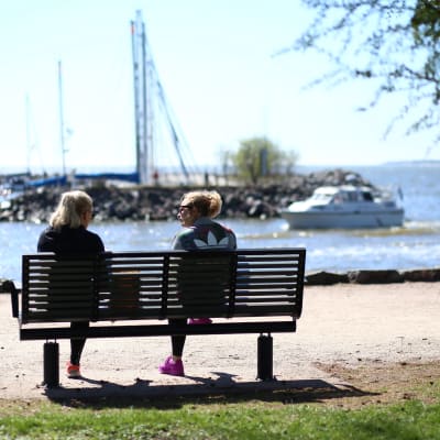 Tjejer på bänk på sommaren.