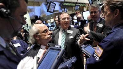 Uppåtstämning på börsen i New York efter G20-mötet i London den 2 april 2009. Dow Jones steg med 2,8 procent.