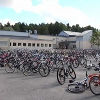 Raisiolaisen Vaisaaren koulun pihalla on oppilaiden polkupyöriä.
