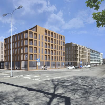 havainnekuva Rovaniemen Valtakadun ja Ruokasenkadun kulman kerrostaloista, jotka aiotaan rakentaa valtion toimistorakennuksen tilalle