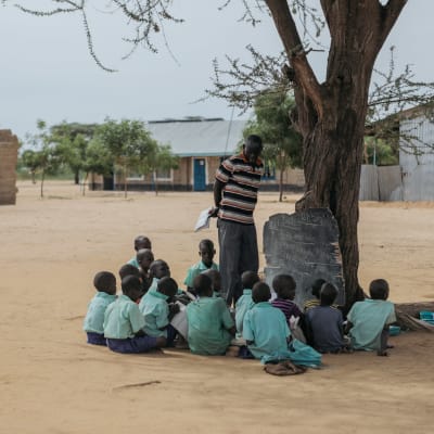kenianska barn sitter under träd och har skollektion
