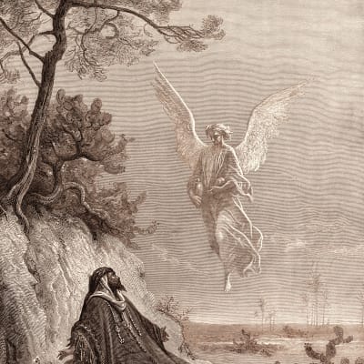Gustave Dorén raamatullisessa kaiverruksessa Elia ja enkeli.