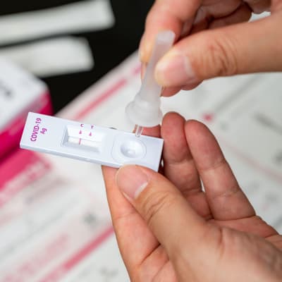 En person håller i ett snabbtest för coronaviruset.