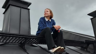 Ilon sitter på ett höghustak. skorsten syns och en molnig himmel.