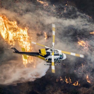 En brandhelikopter flyger ovanför branden i stadsdelen Bel-Air, Los Angeles på onsdag morgon, lokal tid. 