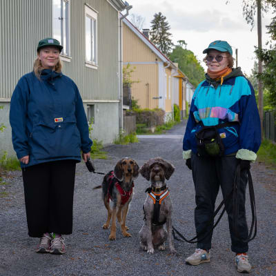 Emma Kasurinen ja Kielo-koira sekä Iisa Hannula ja Senni-koira omakotitaloalueella Tampereen Petsamossa.