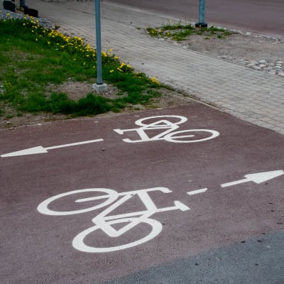 Pyörätien merkit maalattu valkoisella asfalttiin.