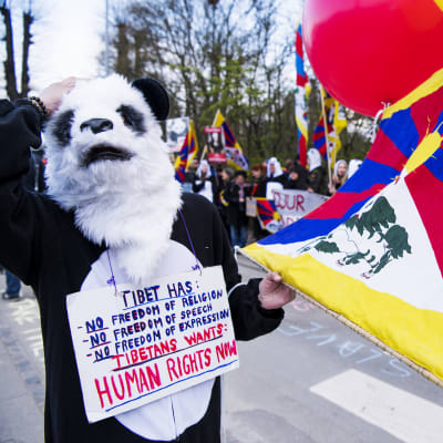 Under en demonstration håller en person i pandakostym en tibetansk flagga i handen.
