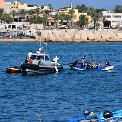 En migrantbåt som anländer till hamnen i Lampedusa.