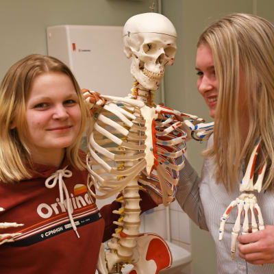 Två elever från prakticum står och poserar tillsammans med skelettet "Ben-jamin".