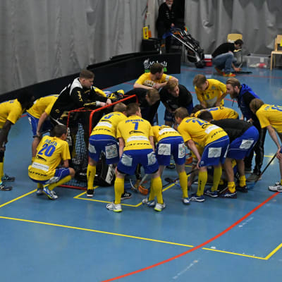 Spelare som står på huk i en ring.