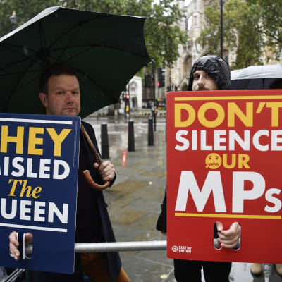 Två brexit demonstranter håller upp varsin skylt med texterna: "They misled the queen" och "don't silence ur MPs". 
