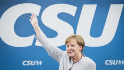 Tysklands förbundskansler Angela Merkel på ett valmöte i München den 27 maj 2017.