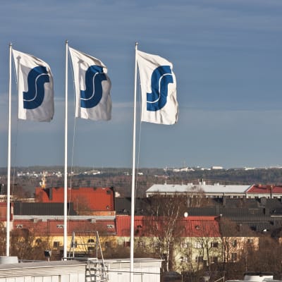 Flags with Finnish S-group logos.