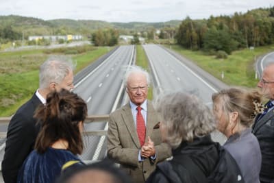 Kung Carl XVI Gustaf på en bro ovanför motorvägen vid Stenungsund omgiven av en grupp människor. Det blåser och kungens hår står på ända. Han ser bekymrad ut.