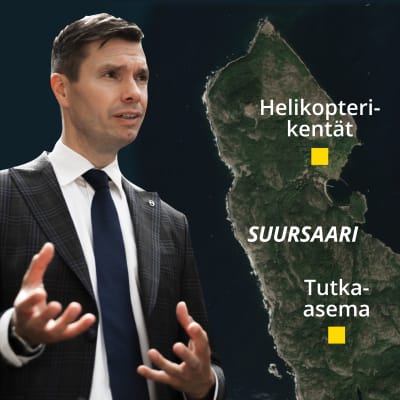 Charly Salonius-Pasternak ja sateliittikuva Suursaaresta Suomenlahdella.