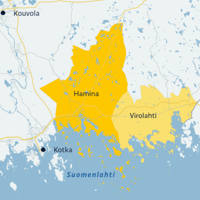 Kartta, jossa näkyy Haminan ja Virolahden alueet.