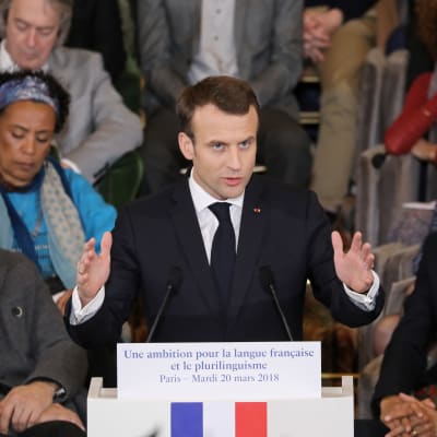 Frankrikes president Emmanuel Macron talar vid en konferens för fransktalande år 2018.